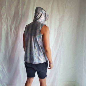 Camiseta sin mangas con capucha para hombre - Estampado de serpiente metalizado unisex y capucha negra - Talla grande - Festival de música - Club - Fiesta