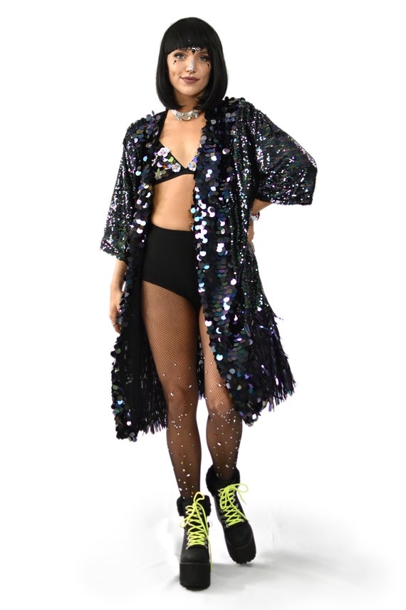Sequin Kimono Jacket 3 4 Sleeve Full Lined Pockets Etsy