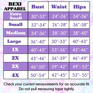 May include: Size chart from BEXI APPAREL, with bust, waist, and hip measurements in inches. Sizes range from Extra Small to 4X. Includes text: "Check your current measurements for an accurate fit. Do not pull measuring tape tightly."