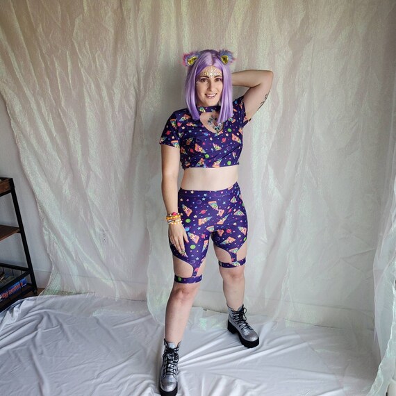 Womens Purple Cosmic Pizza Rave Shorts | Festival EDM Clothing | High Waist Biker Shorts | Rave Outfit Bottoms | Bexi Apparel
