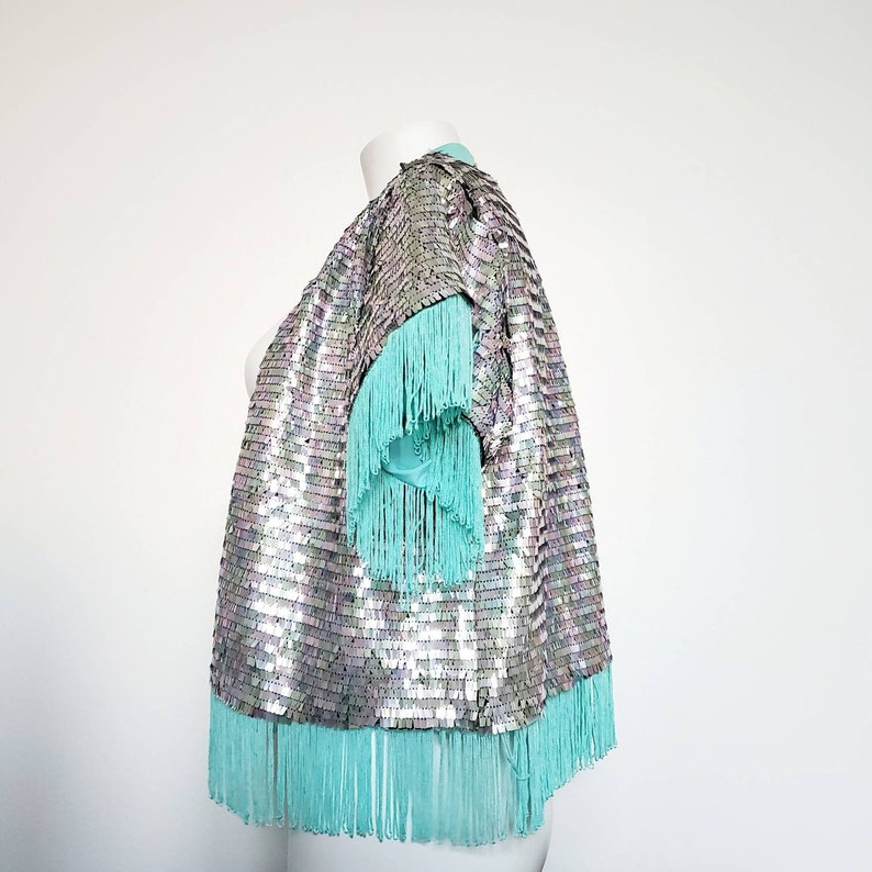 Short Sequin Jacket With Fringe Trim Aqua Blue or Hot Pink Etsy