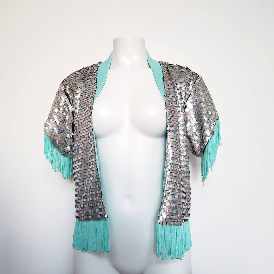 Short Sequin Jacket With Fringe Trim Aqua Blue or Hot Pink Etsy