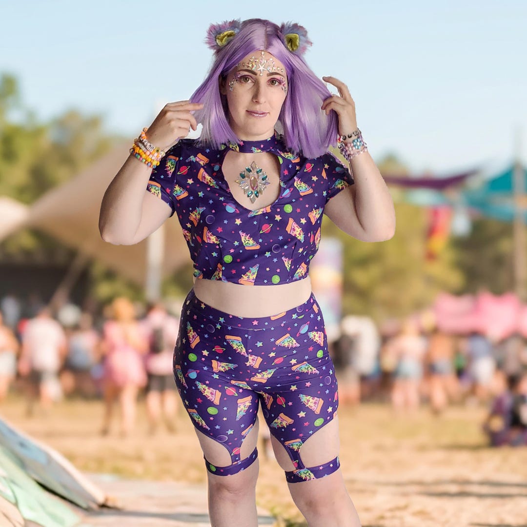 Womens Purple Cosmic Pizza Rave Crop Top | Festival EDM Clothing | Plus ...