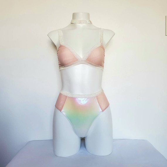 Iridescent Mesh Rave Outfit White & Pink Bralette / High Waist