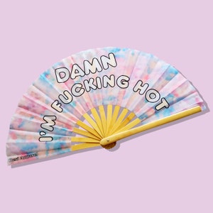 Rave Fan - Damn I'm Hot - Large Festival Accessory for Raves, Party, Bachelorette, Photoshoot, Concert, Club, Pink & Blue