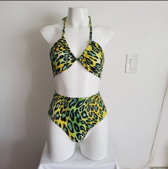 neon green and leopard swimsuit