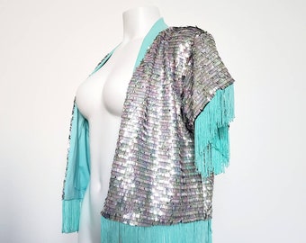 Sequin Jacket with Fringe Trim - Aqua or Pink - Rave / Musix Festival / Cowgirl / Country / Western / Bling / Bachelorette / Rhinestone