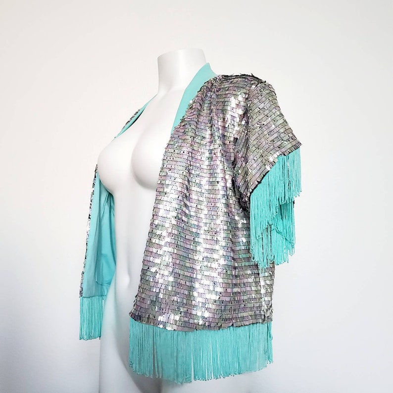 Short Sequin Jacket With Fringe Trim Aqua Blue or Hot Pink Etsy
