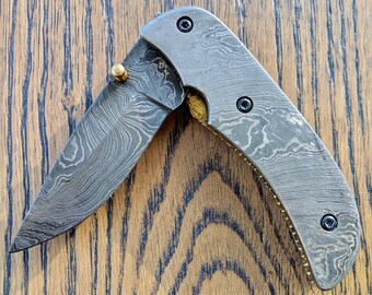 Damasco de acero latón y cuchillo de madera, cuchillo de acero de Damasco, regalo de Navidad del padre, regalo de los hombres, regalo de los cazadores, listo para enviar, papás gif de Navidad