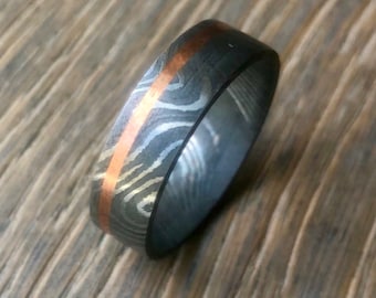 Anillo de acero de Damasco, cobre, personalizado, hecho a pedido, anillo de 8 mm, anillo unisex, anillo para hombre, anillo personalizado, banda de boda personalizada