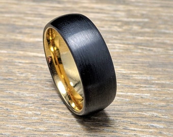 Anillo de carburo de tungsteno de oro negro, anillo de promesa, banda de boda de tungsteno para hombres, banda de tungsteno de 8 mm, tungsteno negro, ajuste cómodo, tungsteno unisex