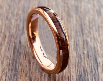 Banda de boda de madera de tungsteno, banda de tungsteno de 4 mm, tungsteno de oro rosa de madera, Comfort Fit, tungsteno unisex, anillo de promesa de parejas