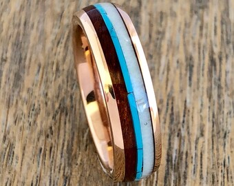 Tungsten Rose Gold Red Wood Deer Antler Turquoise, anillo de bodas de tungsteno, anillo de tungsteno, banda de tungsteno para hombres, banda de tungsteno para mujeres
