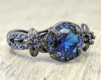 anillo de zafiro, Art deco, anillo de compromiso, anillo de promesa, gótico negro, regalo de aniversario, anillo de piedra preciosa antiguo, regalo para ella, anillo de declaración
