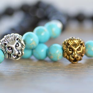 Lava rock bracelet, Tabetan lion head charm, lava bead bracelet, gift for her, gift for him, Natural Turquise, yoga bracelet, aromatherapy