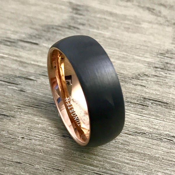 Rose Gold Wolfraam, Mens Wolfraam Trouwring, 8mm Wolfraam Band, Mat Zwart Wolfraam, Comfort Fit, Unisex Wolfraam ring