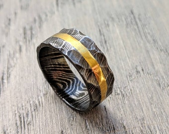 Anillo de acero de Damasco, latón, personalizado, hecho a pedido, anillo de 8 mm, anillo unisex, anillo de hombre, anillo personalizado, banda de boda personalizada, anillo martillado