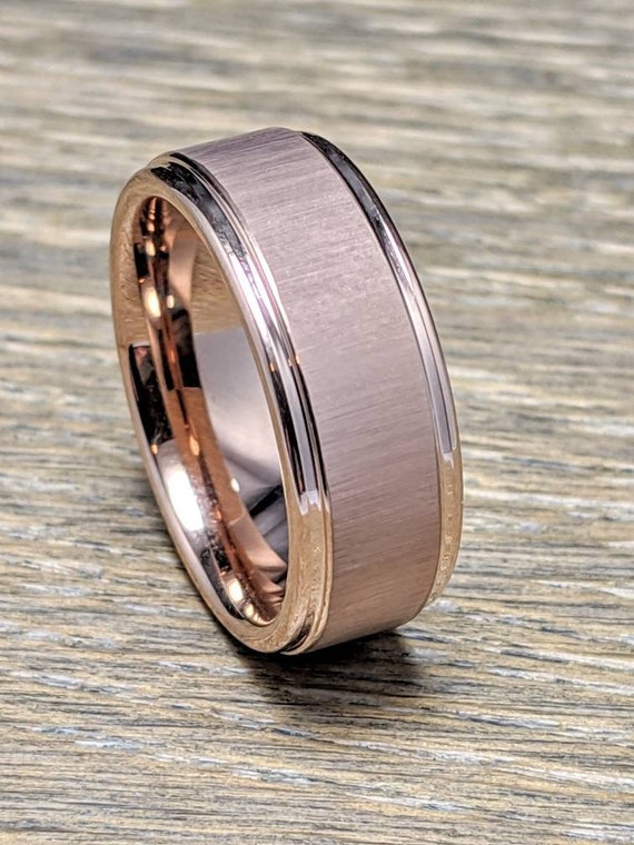 TRUMIUM 8mm Mens Tungsten Wedding Rings Rose Gold//Black//Blue Wedding Band High Polished Beveled Edge Comfort Fit Size 7-13