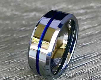 Mens Tungsten Wedding Band, 8mm Tungsten Band, Zilver Wolfraam, Gepolijste Zilveren ring, Comfort Fit, Unisex Wolfraam ring, dunne Blauwe lijn ring