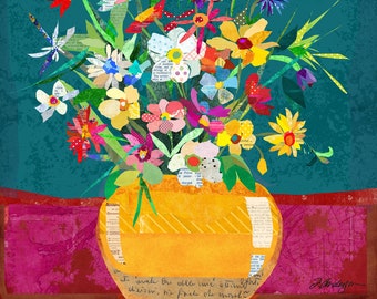 Whimsical Collage Flower Pot Still Life Fine Art Wall Decor Print for Living Rooms, Bedroom, Kitchens & More