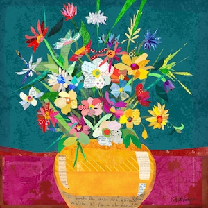 Whimsical Collage Flower Pot Still Life Fine Art Wall Decor Print for Living Rooms, Bedroom, Kitchens & More