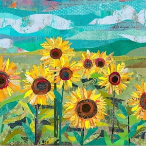 Sunflowers at Dusk- A Colorful and Whimsical Collage Wall Decor Wrapped Canvas Wall Art for Nurseries, Bedrooms, Kitchens, Bathrooms & More