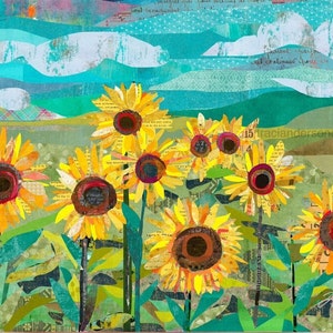 Sunflowers at Dusk- A Colorful and Whimsical Collage Wall Decor Wrapped Canvas Wall Art for Nurseries, Bedrooms, Kitchens, Bathrooms & More