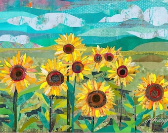 Sunflowers at Dusk- A Colorful and Whimsical Collage Wall Decor Wrapped Canvas Wall Art for Nurseries, Bedrooms, Kitchens, Bathrooms & More