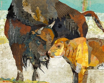 Bison / Büffel und Baby - Fine Art Collage Print - Home Decor Wandkunst für Kinderzimmer, Schlafzimmer, Hütte (Gallery Wrapped Canvas)