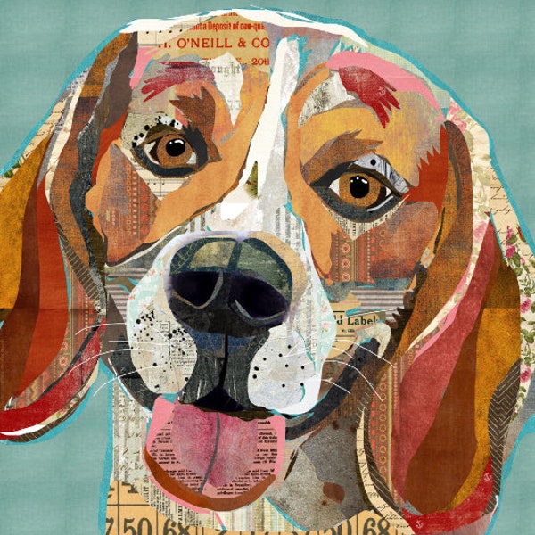 Colorful Beagle Dog Collage Art - vintage et Rustique Style Dog Breed Wall Decor Print / Poster pour pépinières, chambres, chambres pour enfants