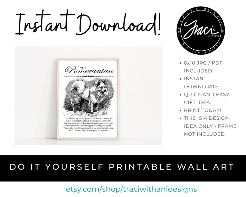 Pomeranian Pom Typography Wall Art Printable Artwork INSTANT DOWNLOAD With Dog Breed Dictionary Style Definition Dog Lover Gift image 1