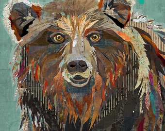 Majestic Montana Grizzly Bear - Colorful & Whimsical Fine Art Print for Cabins, Farmhouse, Wildlife and Zoo Animal Decor