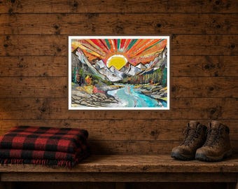 Mountain River Sunrise Canvas Wall Art, Abstract Landscape Decor, Colorful Cabin Living Room Art, Montana Gift, Ready to Hang