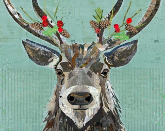 A Merry Christmas Reindeer - Fine Art Collage Wrapped Canvas - Vintage, Rustic Style for Farmhouse, Shabby Chic & Cabins and Holiday Decor