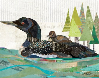 Whimsical Loon Collage Art Print – Colorful Nursery Wall Decor