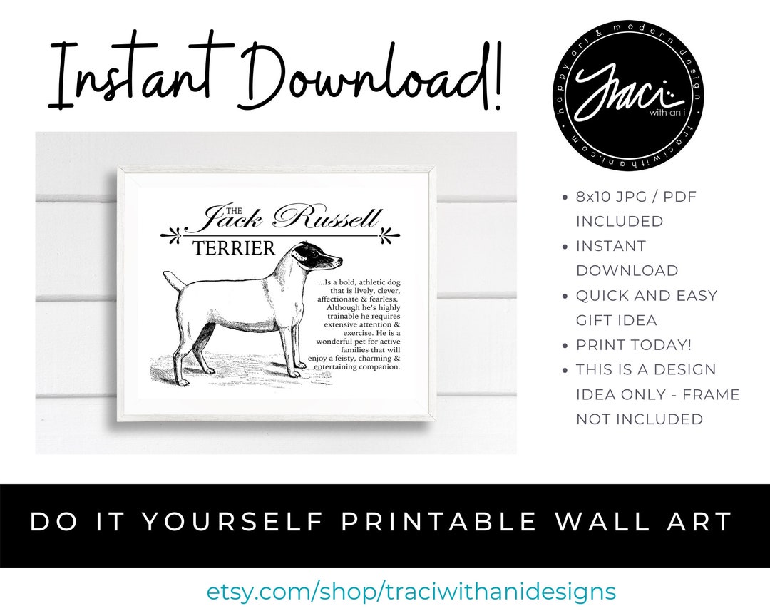 Jack Russell Terrier Typography Wall Art Print on Canvas Paper With Dog