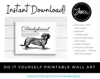 Dachshund (Wiener Dog) - Vintage Inspired Wall Art Home Decor Print With Retro Illustration & Dog Breed Definition - INSTANT DOWNLOAD