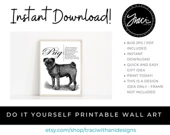 Pug - Vintage Inspired Wall Art Home Decor Printable Artwork With Retro Illustration & Dog Breed Definition - INSTANT DOWNLOAD Wall Art