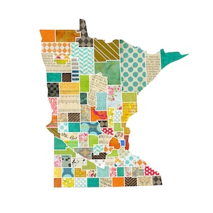 Minnesota Wall Art Decor Print / Poster - Un collage moderne et un style de techniques mixtes Home Decor State Map
