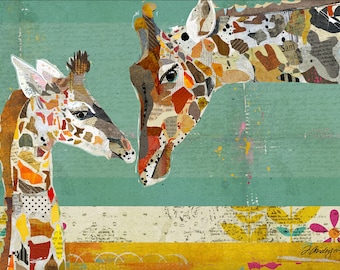 Giraffe en kalf collage-stijl canvas muurkunst - helder en grillig kunstwerk voor kinderdagverblijven, speelkamers, kinderkamers (dierentuindierdecor)