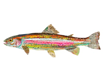 Rainbow Trout Collage Art – Contemporary Fish Wrapped Canvas