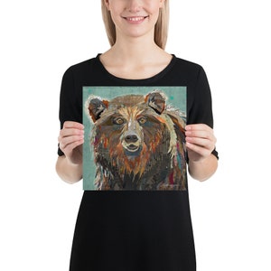 Majestic Montana Grizzly Bear Colorful & Whimsical Fine Art Print for Cabins, Farmhouse, Wildlife and Zoo Animal Decor 10×10 inches