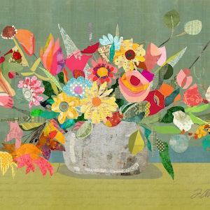 May include: A colourful bouquet of flowers in a grey ceramic vase. The flowers are a mix of pink, red, yellow, orange, and blue. The vase is sitting on a green and yellow surface.