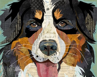 Bernese Mountain Dog Art Print – Whimsical Collage Style Dog Decor