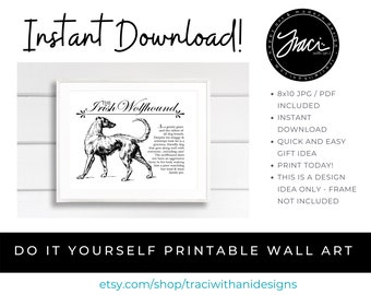 Irish Wolfhound - Vintage Inspired Wall Art Home Decor Print With Retro Illustration & Dog Breed Definition - INSTANT DOWNLOAD PRINTABLE
