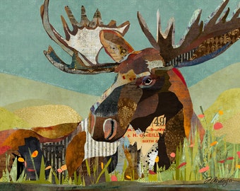 Moose and Flower Field Collage Art – Rustic Farmhouse Wrapped Canvas