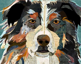 Australischer Schäferhund / Aussie Collage Kunst - Vintage und rustikalen Stil Hund Rasse Wand Dekor Druck / Poster für Kindergärten, Kinderzimmer