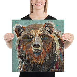 Majestic Montana Grizzly Bear Colorful & Whimsical Fine Art Print for Cabins, Farmhouse, Wildlife and Zoo Animal Decor 16×16 inches