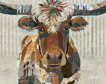 Colorful Bull (Longhorn) Art Print | Textured Collage | Unique Farmhouse Decor - Wrapped Canvas Option