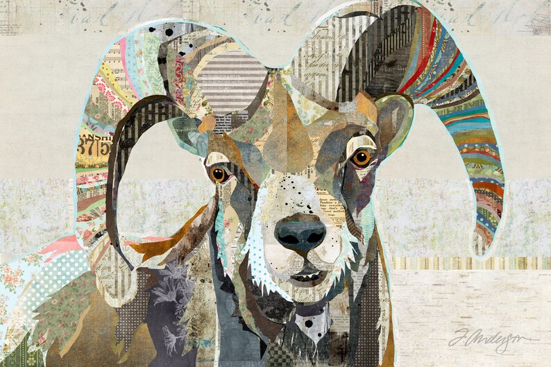 Bighorn Sheep Collage Art Vintage and Rustic Style Fine Art Piece for Farmhouse, Shabby Chic & Western Decor Wrapped Canvas image 1